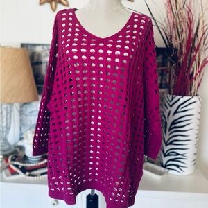 WynneLayers Magenta Pink Open Knit 100% Cotton Sweater 3/4 Sleeve Women's XL NIB